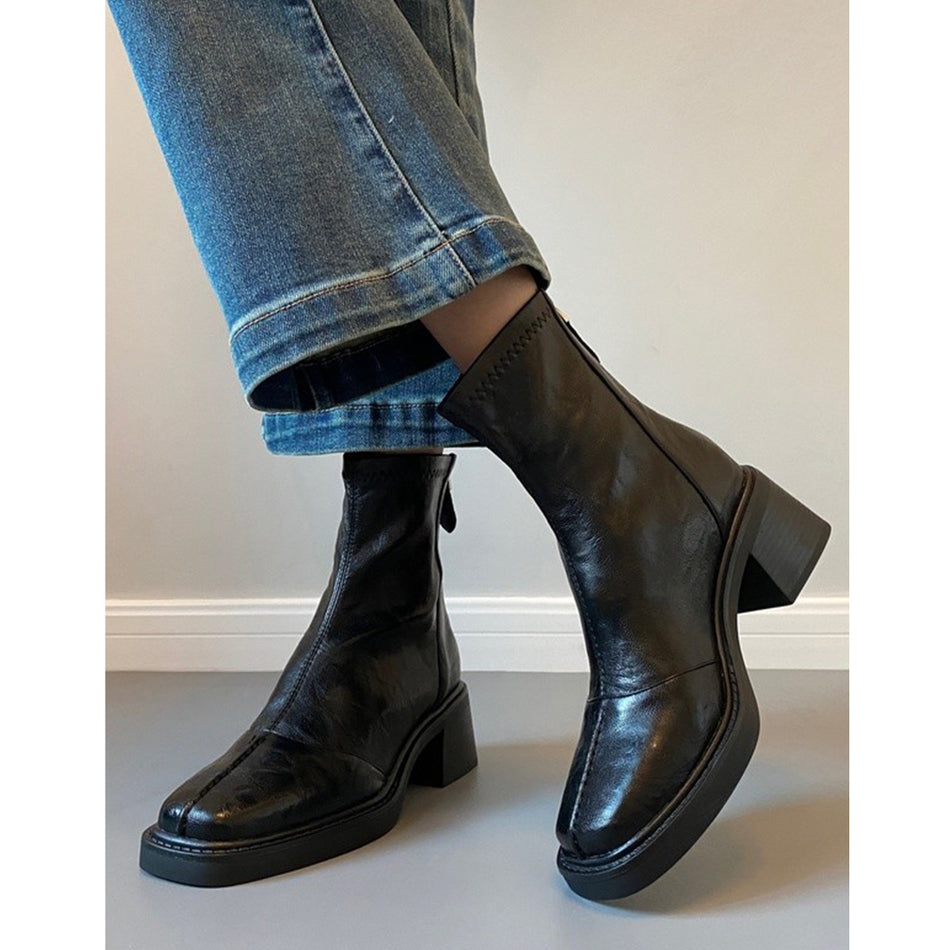 Women's Retro Square Toe Martin Boots with Back Zipper