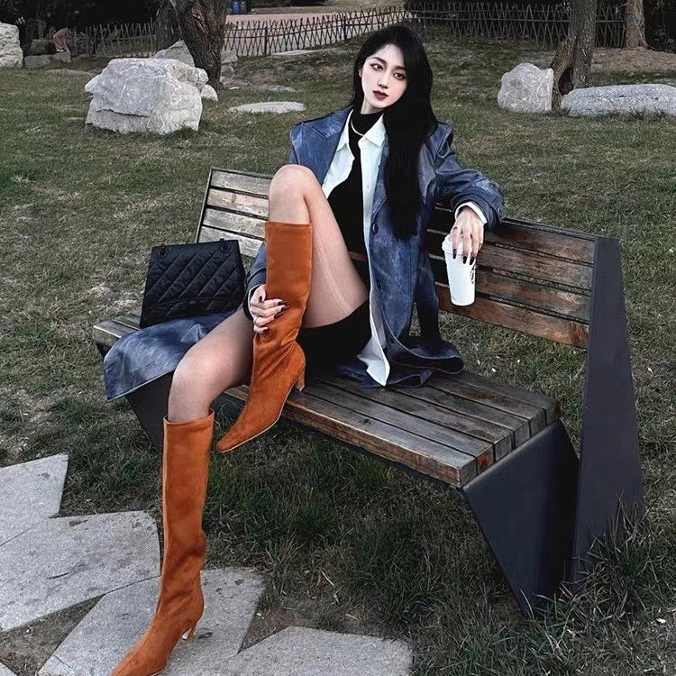 Women's Suede Pointed Toe High Boots with Low Thick Heel
