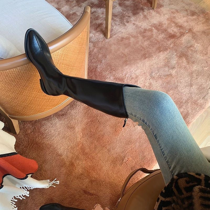 Women's Long Boots with Suede Shaft and Back Zipper