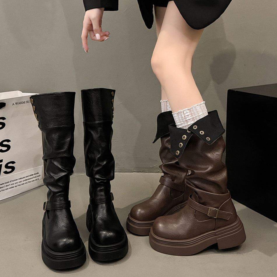 Women's Vintage Mid-Calf Boots with Belt Buckle and Thick Heel