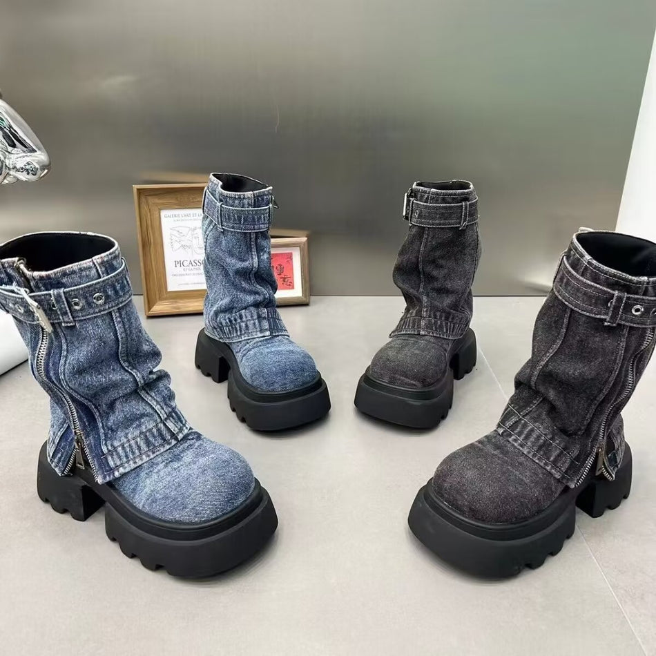 Women's Denim Martin Boots with Belt Buckle and Thick Heel