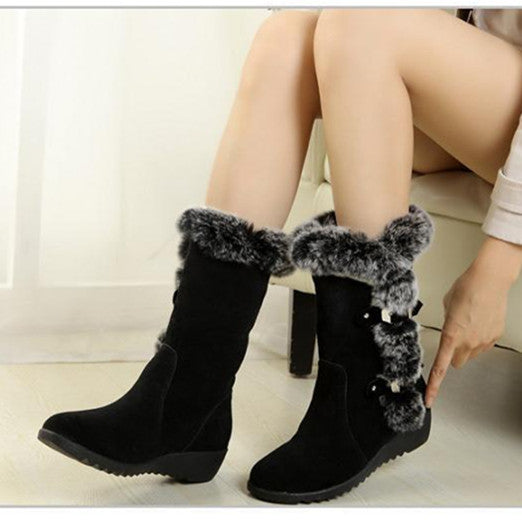 Women's Suede Mid-Calf Boots with Wedge Heel and Plush Lining