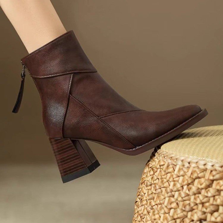 Women's Retro Square Toe Martin Boots with 3–5CM Thick Heel
