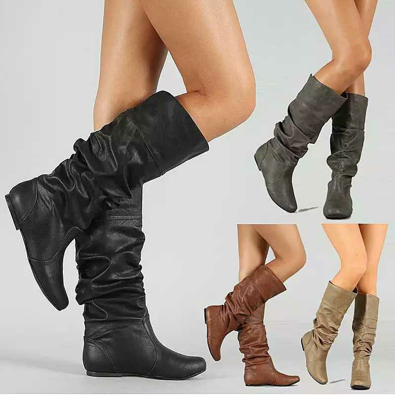 Women's European High-Tube Boots with Round Toe and Flat Heel