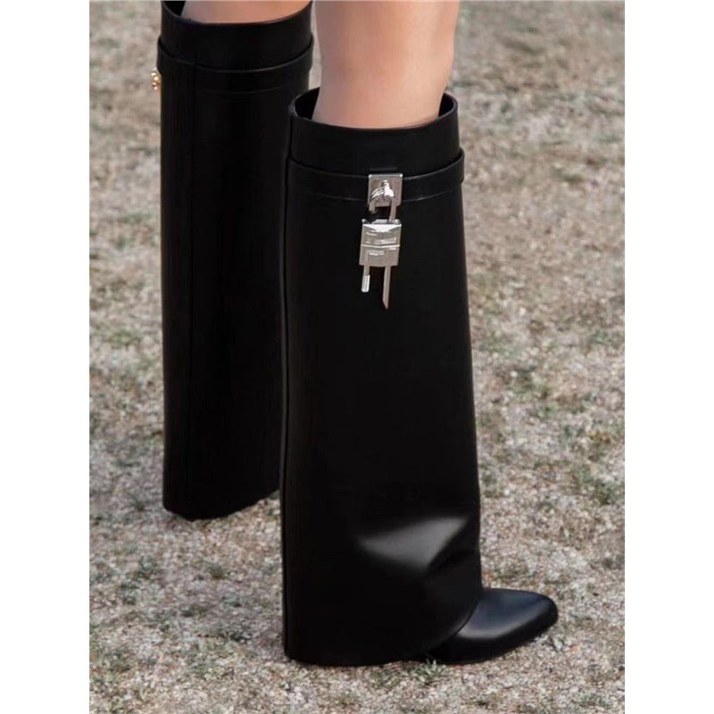 Women's Pointed Toe Boots with Wedge Heel and Metal Buckle