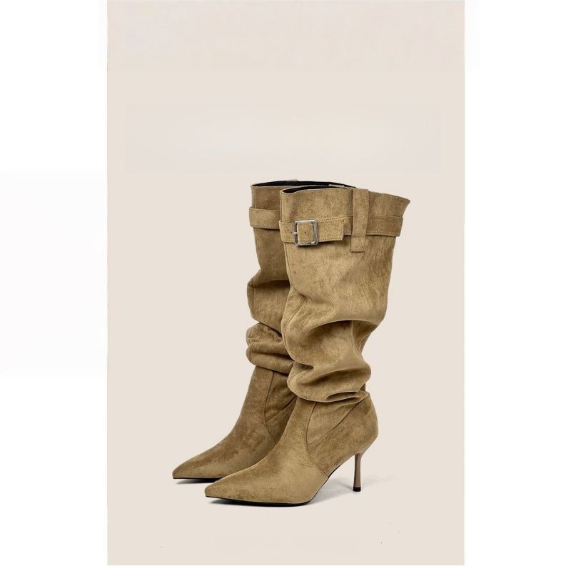 Women's Suede Ruched Boots with Pointed Toe and Thin Heel