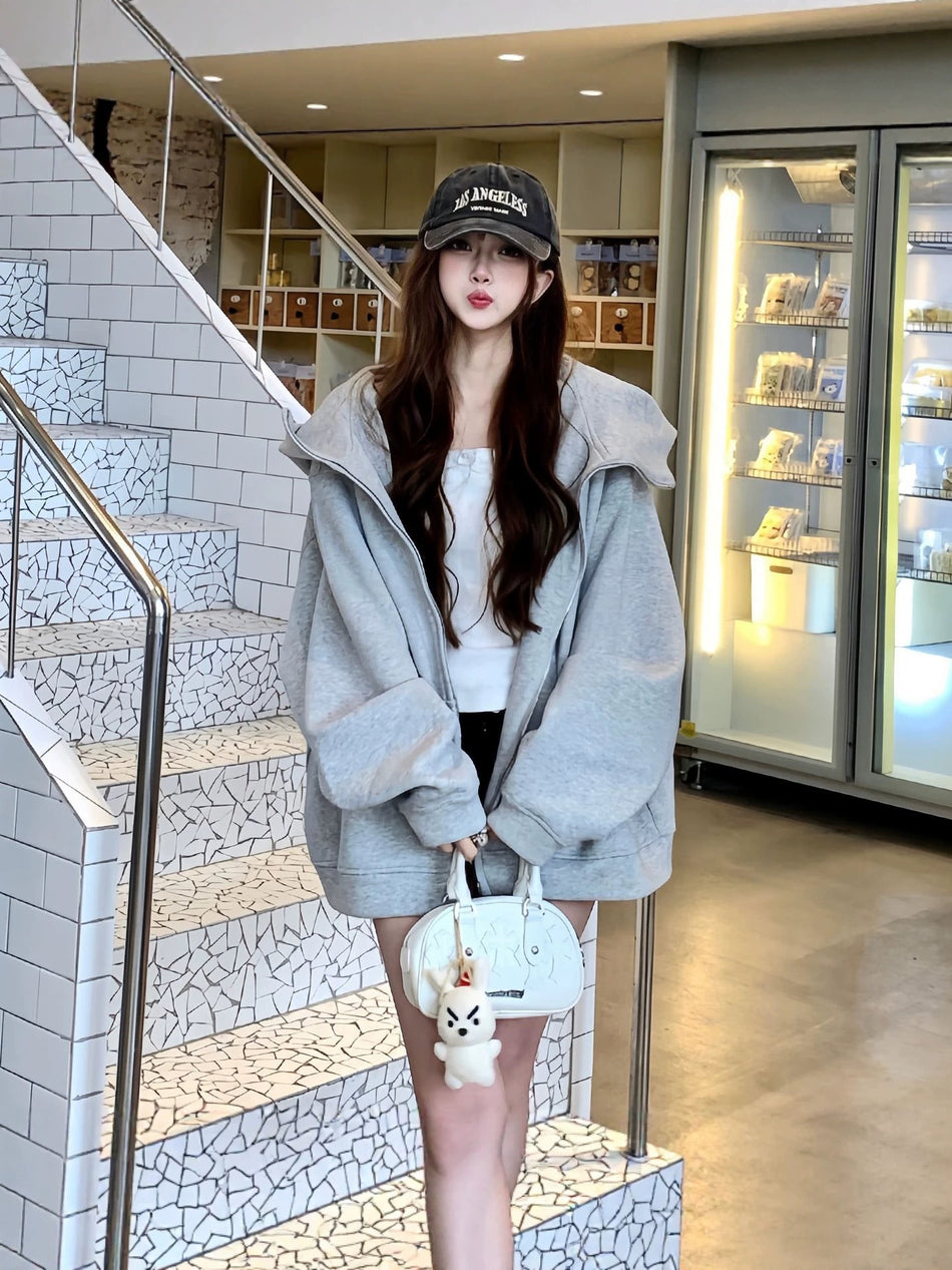 Women's Loose Cotton-Blend Zip-Up Hoodie in Mid-Length Cut