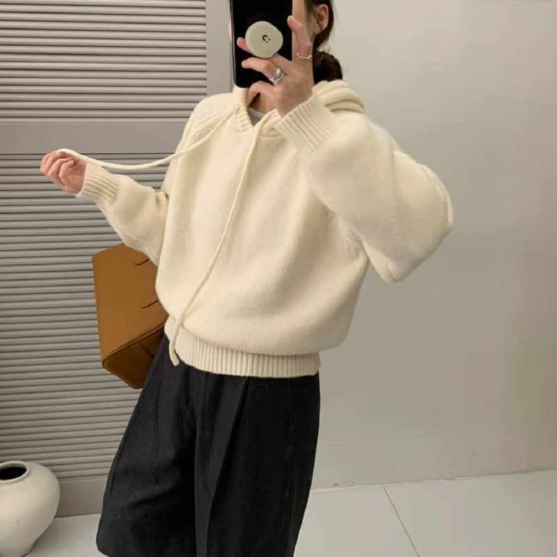 Women's Loose Hooded Knit Sweater with Raglan Sleeves, One Size