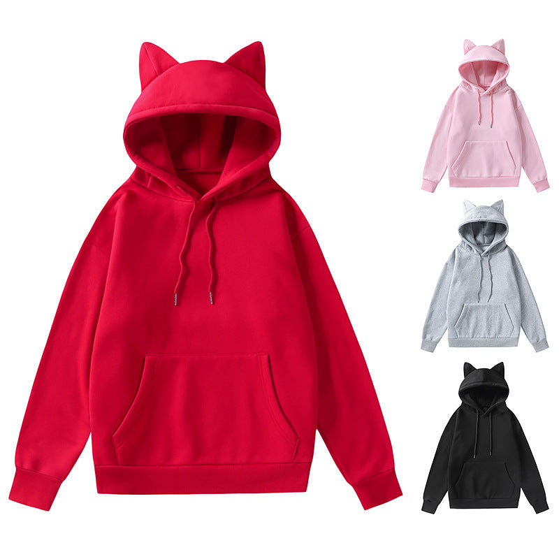 Women's Cat Ear Hooded Sweatshirt with V-Neck in Loose Fit