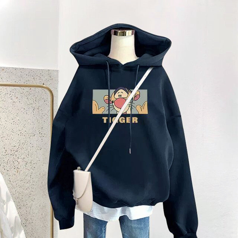 Women's Cartoon Print Hoodie with Double-Layer Hood, Fleece-Lined