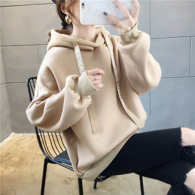 Women's Loose Mid-Length Hooded Sweatshirt in Four Solid Colors