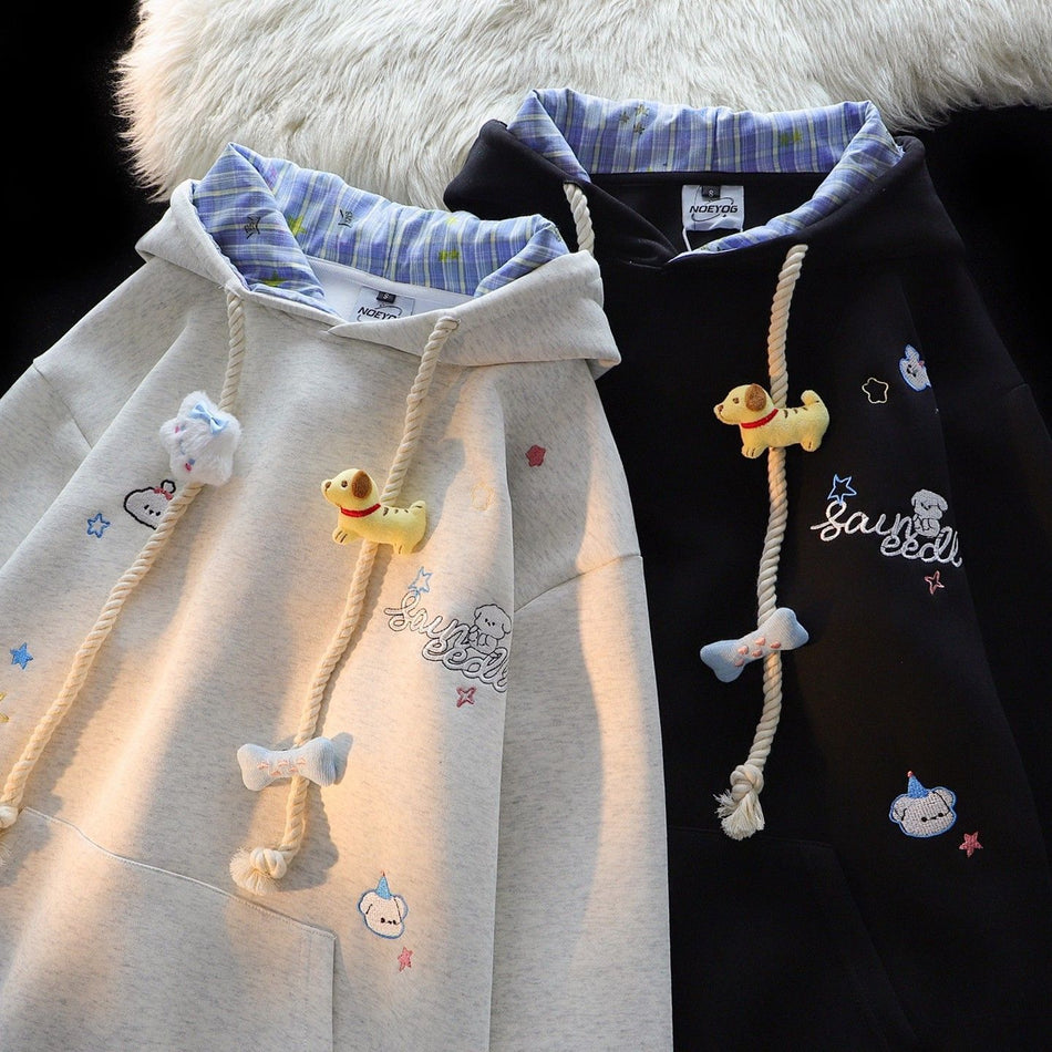 Women's Zip-Up Hoodie with Embroidered Bear and Plaid Detail