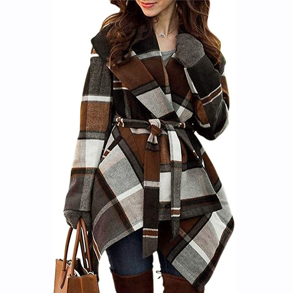 Plaid Lace-Up Woolen Coat