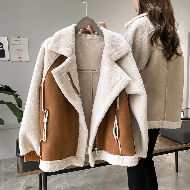 Women’s Suede Fur Jacket Short Winter Motorcycle
