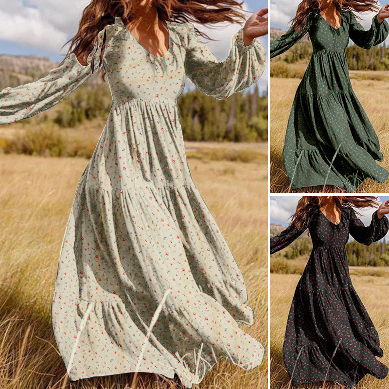 Women’s V-Neck Chiffon Swing Dress – Autumn Winter Elegant