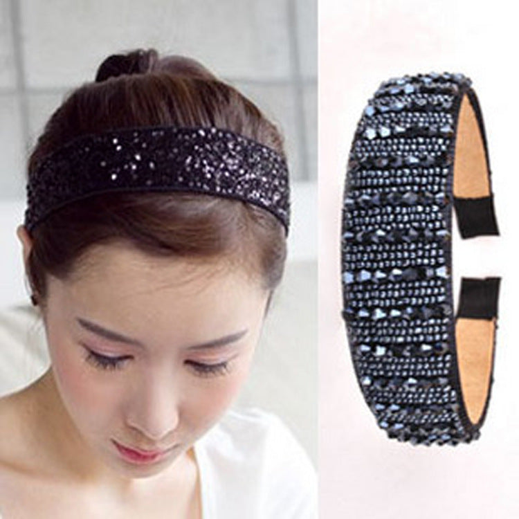 Korean Rhinestone Headband – Wide Black Beaded Hair Accessory