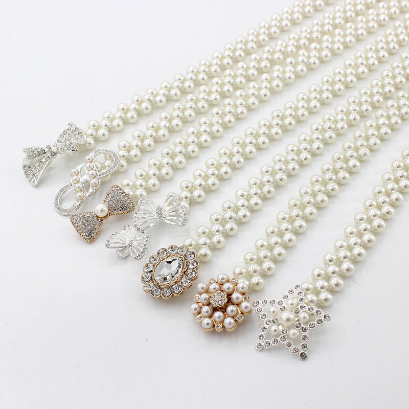 Rhinestone Pearl Waist Chain – Floral Korean Elastic Belt
