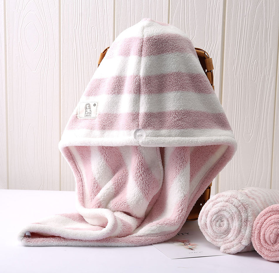 Microfiber Stripe Hair Drying Cap – No-Blow Quick-Dry Towel