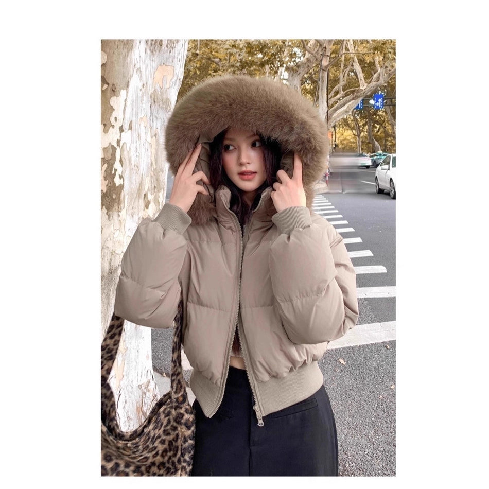 Black Fur-Collar Hooded Down Cotton Jacket