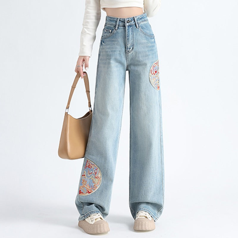 Chinese Style Embroidered Wide-Leg Denim Pants