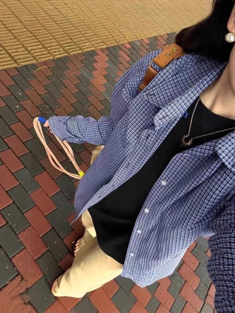 Women’s Blue Plaid Shirt Jacket – Loose College Style