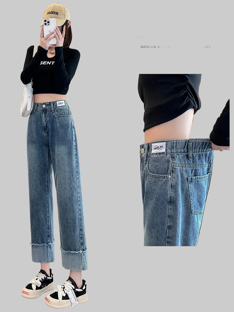 Elastic Waist Straight-Leg Cropped Jeans Women