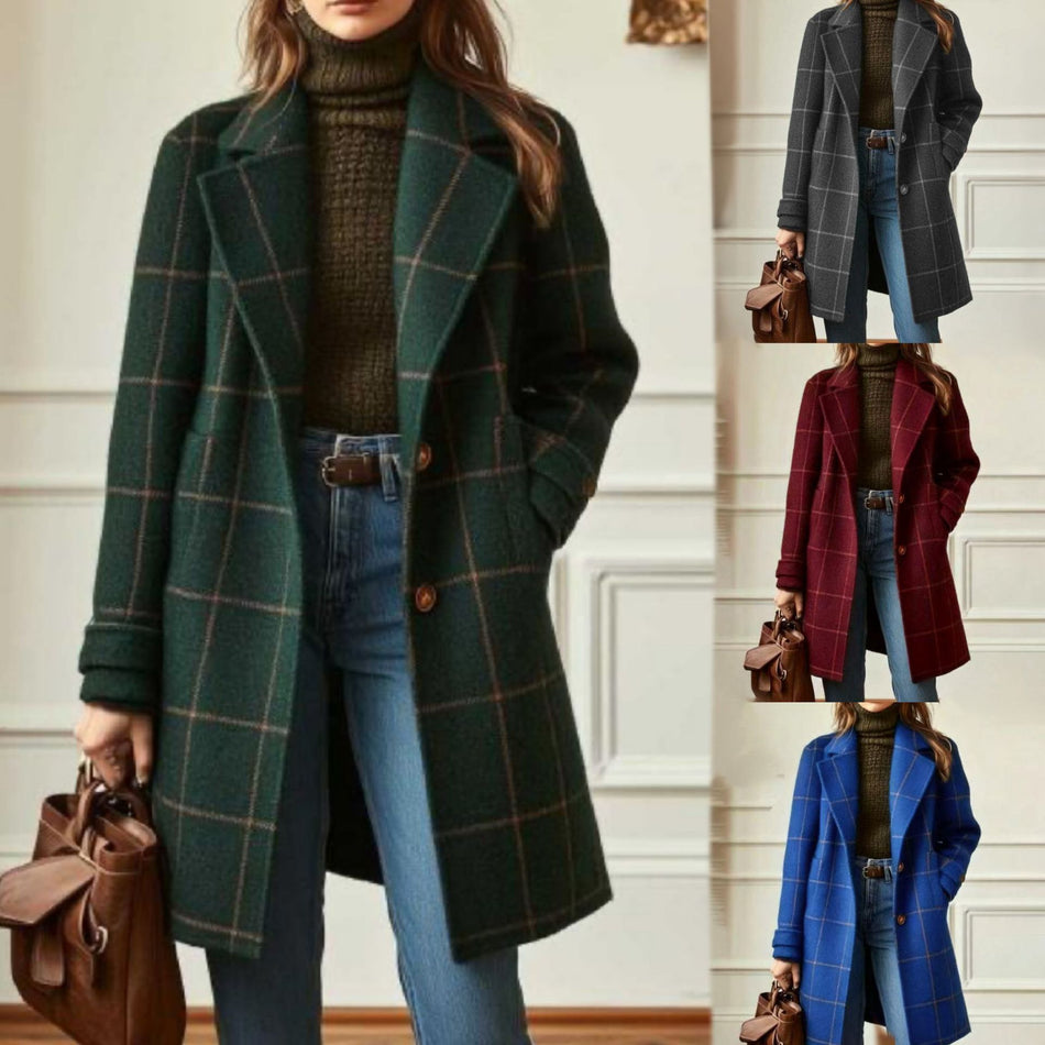 Retro Plaid Mid-Length Woolen Coat for Women