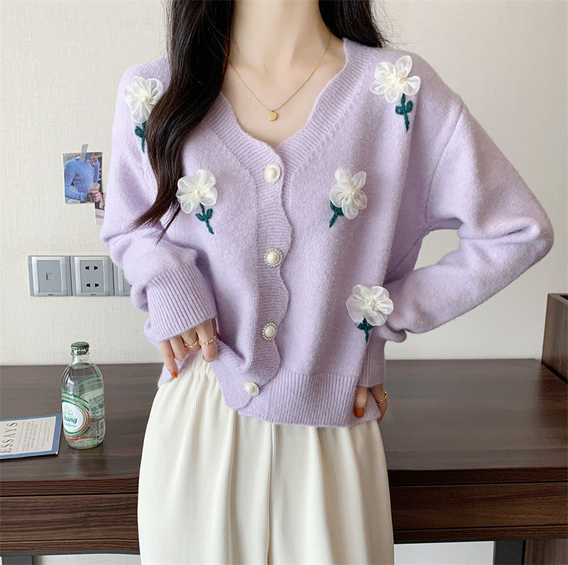 Korean Style Beaded Flower Knit Cardigan