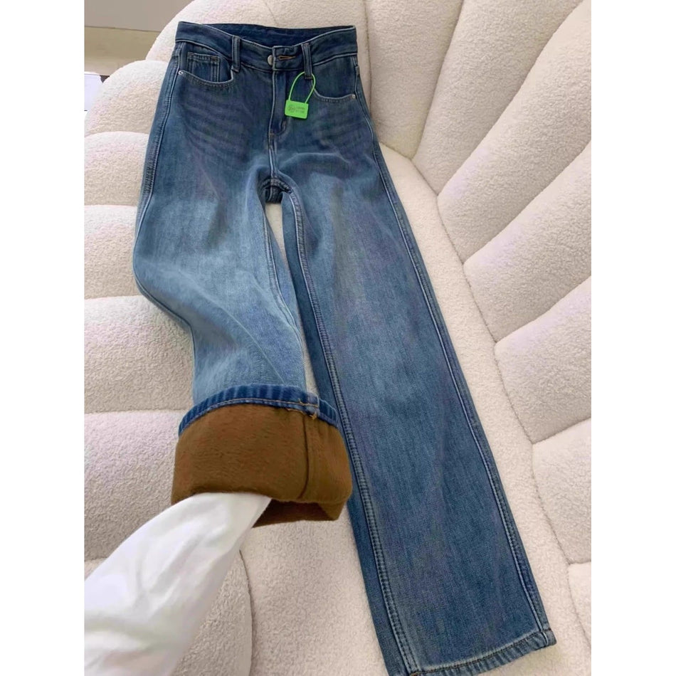 Retro Blue Plus Velvet Wide-Leg Jeans