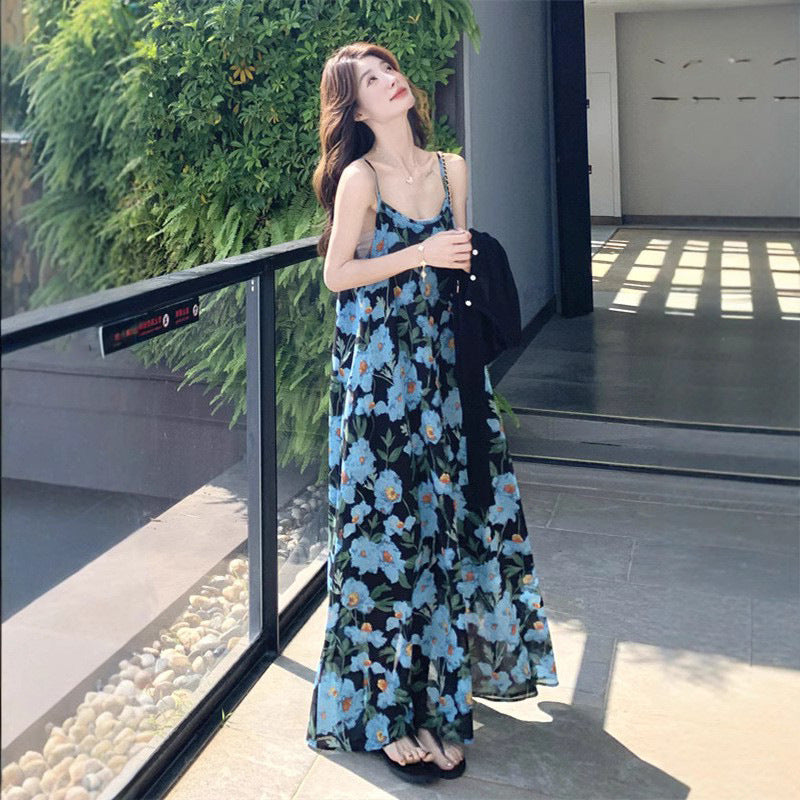 Blue Floral Strap Long Beach Holiday Dress