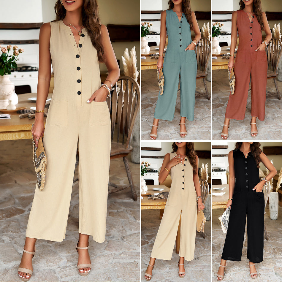 Women’s Elegant Buttoned Jumpsuit – Spring Summer Long Pants