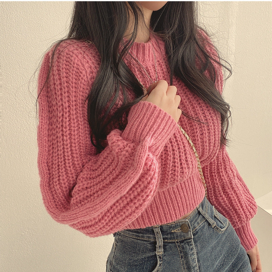 Women’s Korean-Style Pink Puff Sleeve Sweater