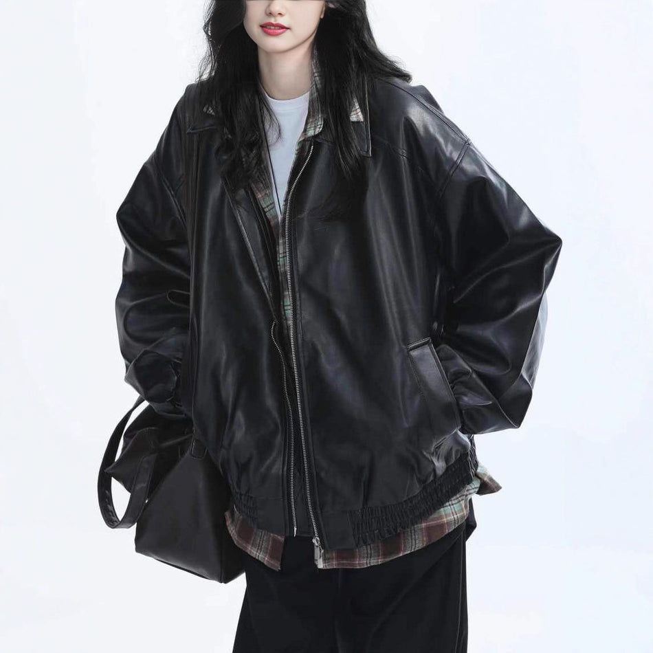 Women American Retro Black PU Leather Motorcycle Jacket Style