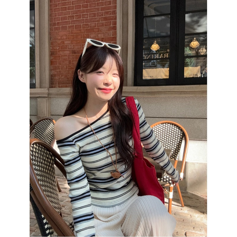 Color-Block Striped Off-Shoulder Slim T-Shirt