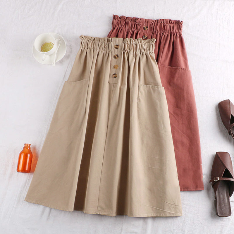 Japanese Style Button A-Line Mid-Length Skirt