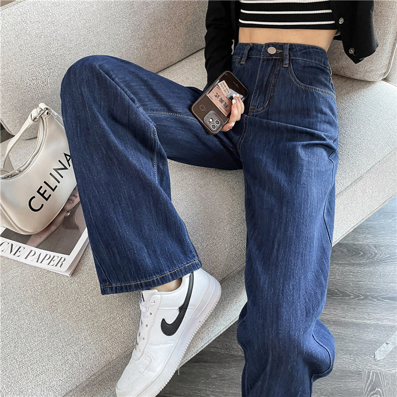 Dark Blue High-Waist Straight-Leg Jeans