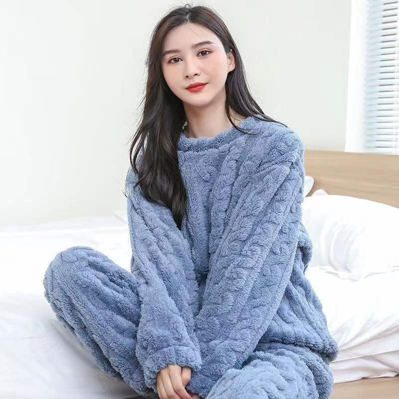 Coral Fleece Pajamas Women Winter Thickened Jacquard Two-Piece Set