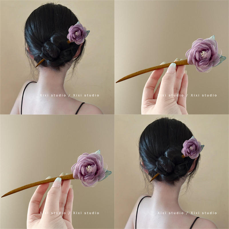 Purple Rosewood Mesh Flower Hairpin – Elegant Summer Style