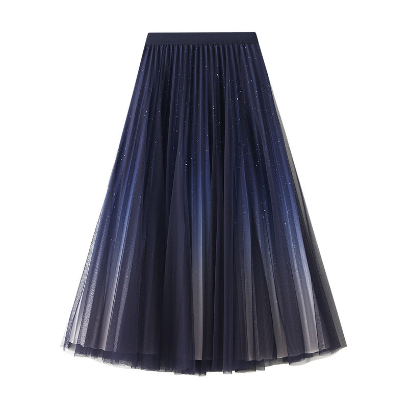 Starry Sky Gradient Mesh Pleated Long Skirt