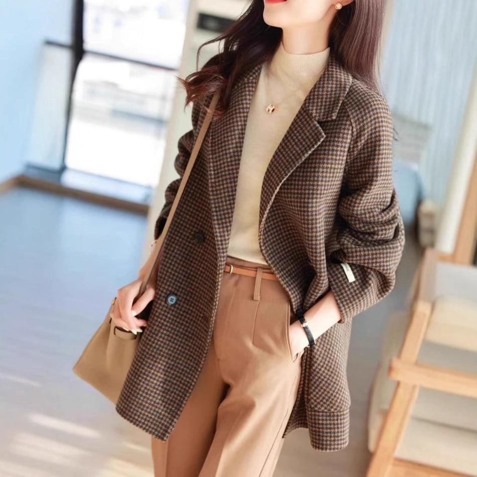 Women’s Handmade Plaid Woolen Coat