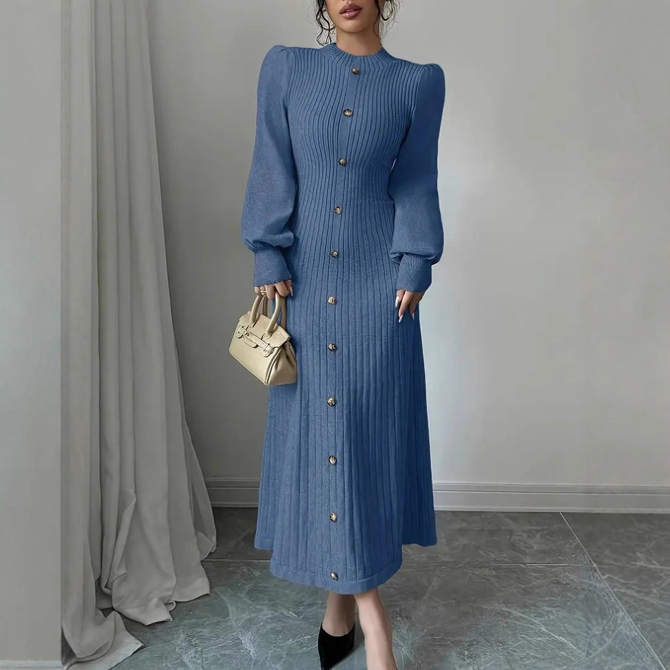 Half Turtleneck Mid-Length Puff Sleeve Sweater Dress