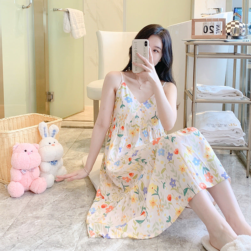 Korean Style Cotton Silk Suspender Nightgown