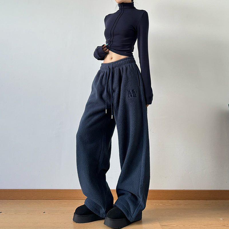 High Waist Lamb Wool Straight Pants