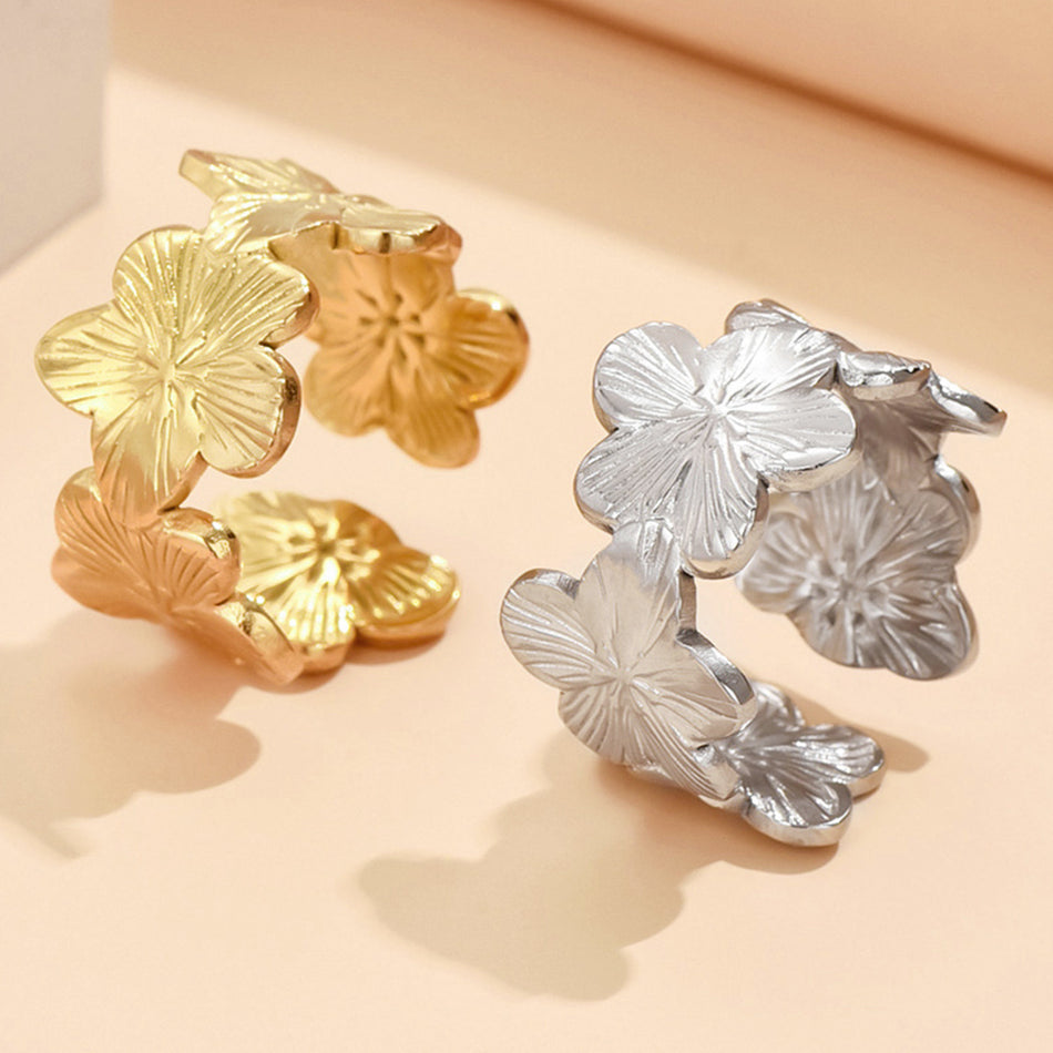 Retro Wide Flower Stainless Steel Adjustable Ring