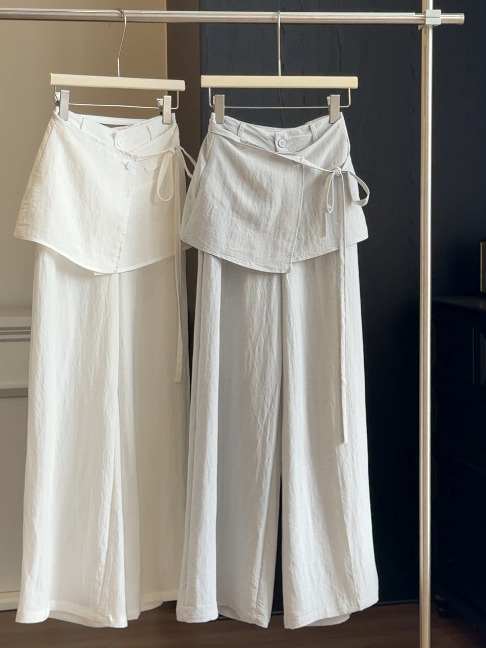 High-Waisted Ice Silk Linen Wide-Leg Floor-Length Trousers