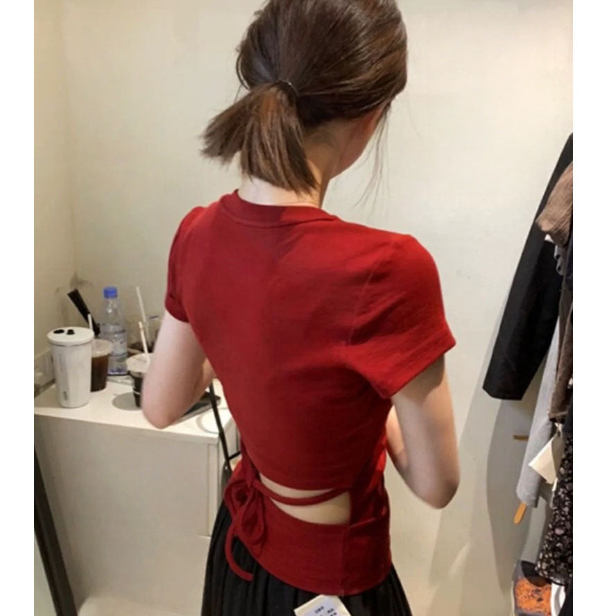 Summer Korean Style Red T-Shirt| Pleated Crewneck Slim-Fit Design