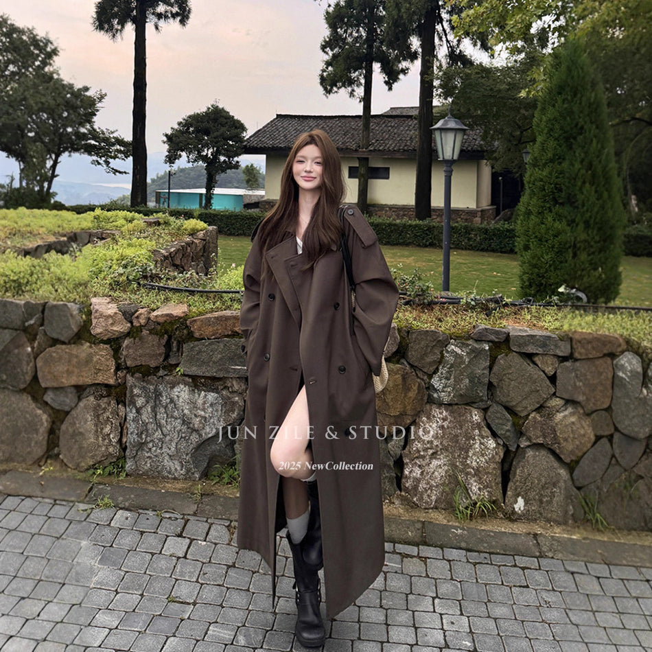 Korean-British Trench Coat – Long Double-Breasted Chic