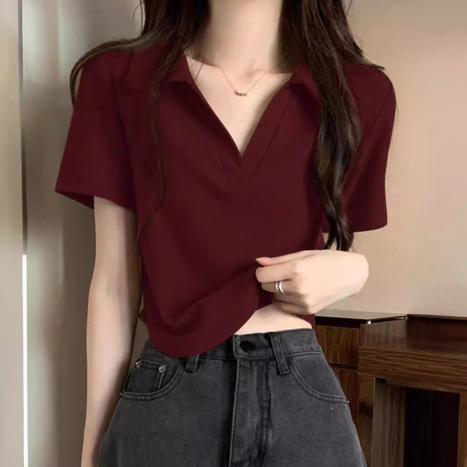 Wine Red Slim Fit Polo – Korean V-Neck Summer Tee