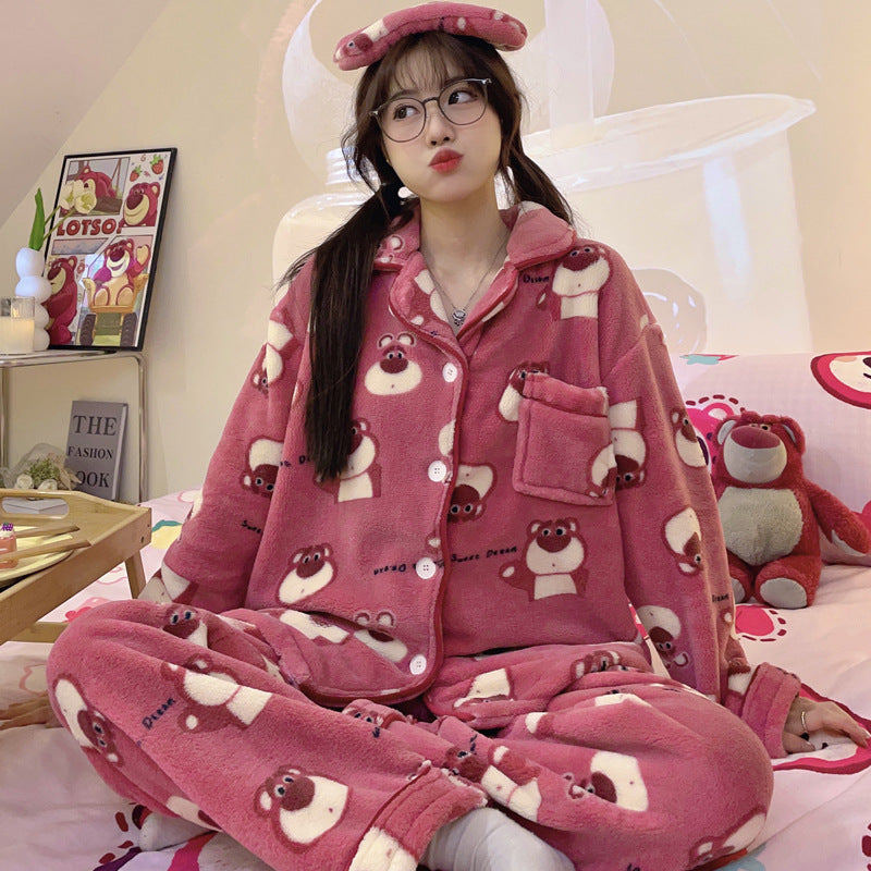 Strawberry Bear Coral Fleece Pajama Set – Women’s Winter Homewear