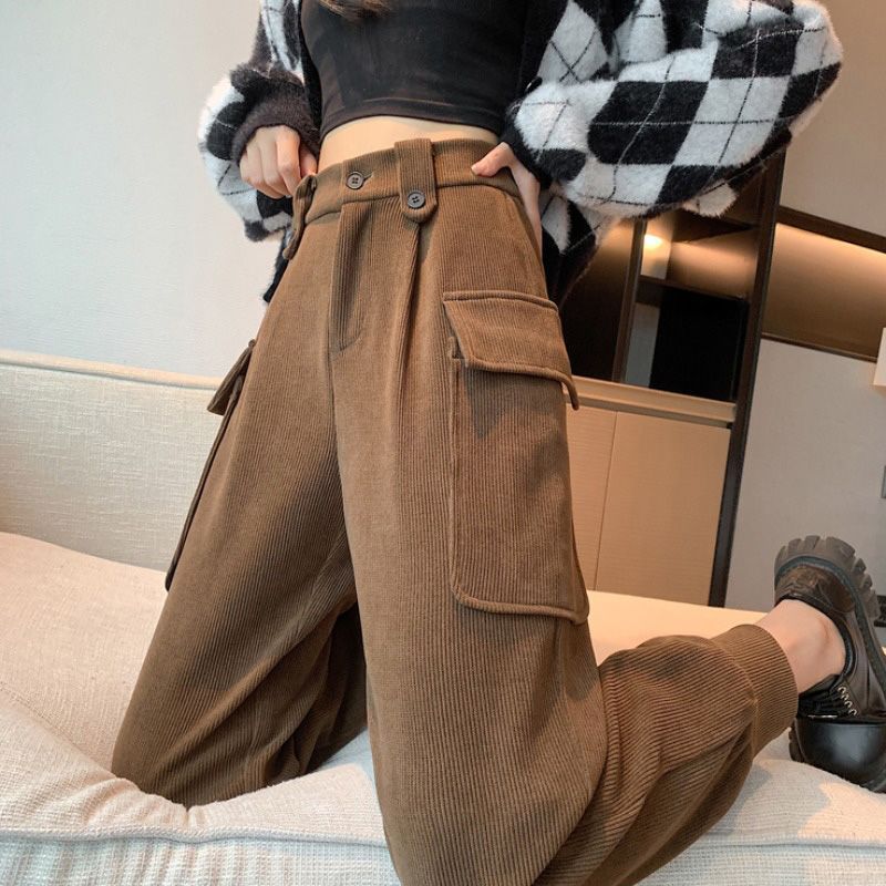 Coffee Corduroy Leg-Tie Harem Pants for Women